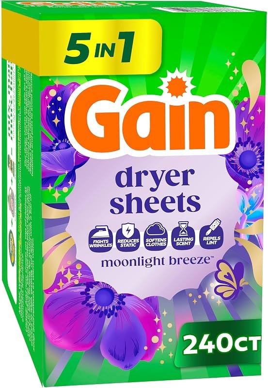 Gain, Laundry Dryer Sheets, Fabric Softener Anti Static Sheets, Moonlight Breeze Scent, 240 Count (Packaging May Vary)