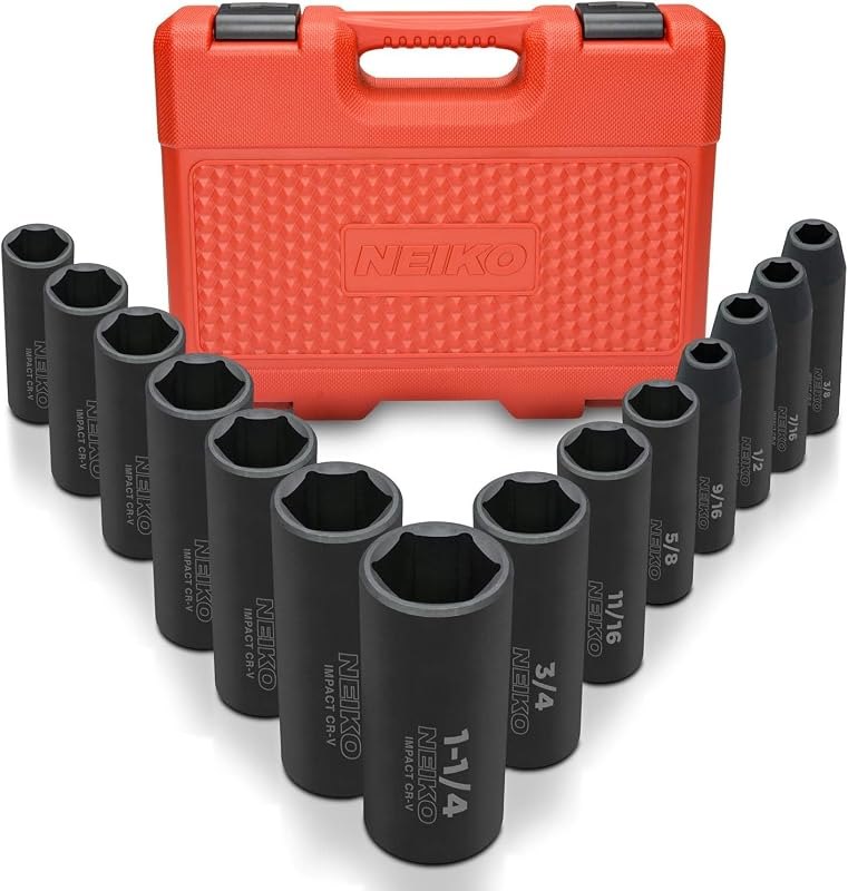 Neiko 02476A 1/2" Impact Socket Set, 14 Piece 6 Point Impact Set, Standard Impact Socket Set, SAE Sizes (3/8-Inch to