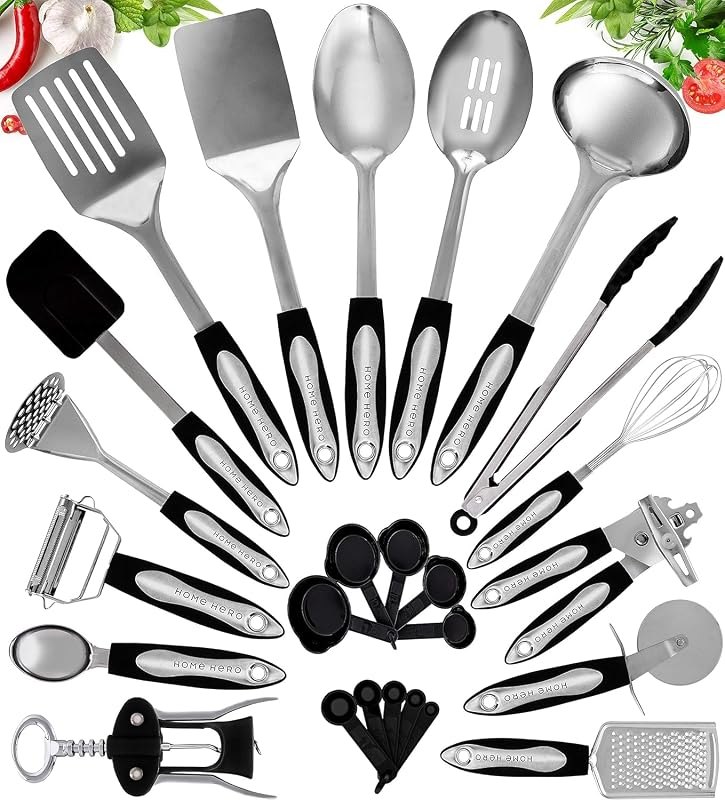 Home Hero Stainless Steel Kitchen Utensils Set - Heat-Resistant Silicone & Nonstick Tools - Durable Stainless Steel