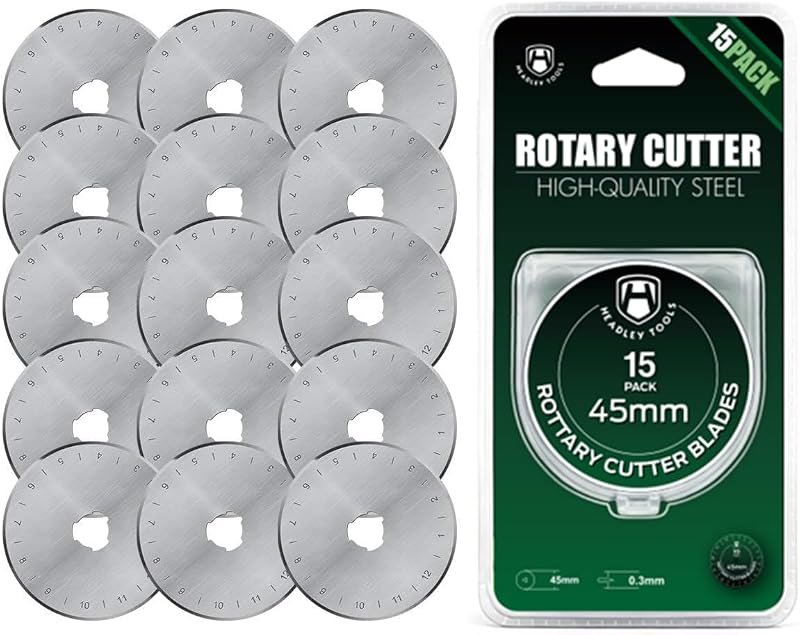HEADLEY TOOLS 45mm Rotary Cutter Blades 15 Pack Fits Olfa, Fiskars, Replacement Rotary Blade for Arts Crafts Quilting