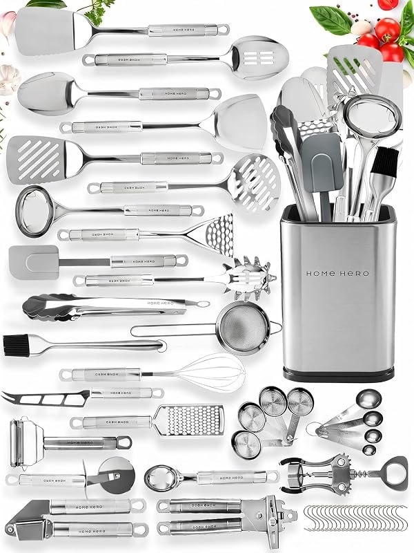 Home Hero 54-Piece Stainless Steel Kitchen Utensils Set - Heat-Resistant Nonstick Silicone & Stainless Steel Cooking