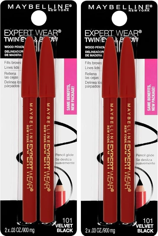Maybelline New York Expert Wear Twin Brow & Eye Pencils Makeup, Velvet Black, 2 Count Twin (total 4 pencils ), 2 Count