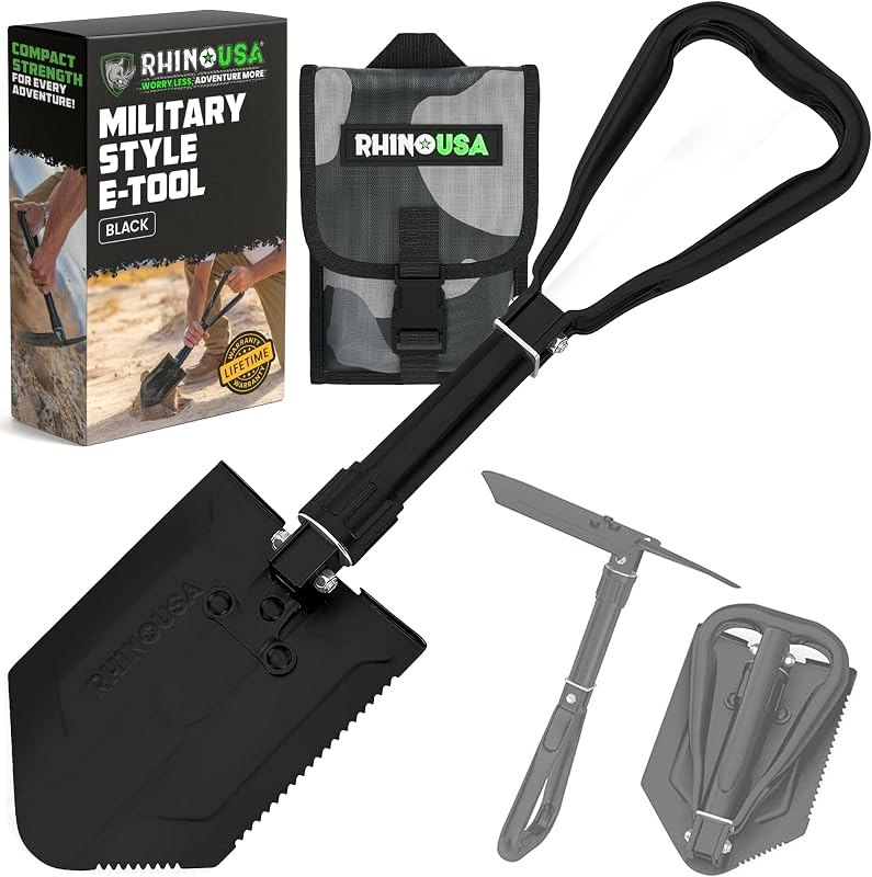 Rhino USA Folding Survival Shovel with Pick - Military Entrenching Tool — Camping, hiking, and backyard gear t for