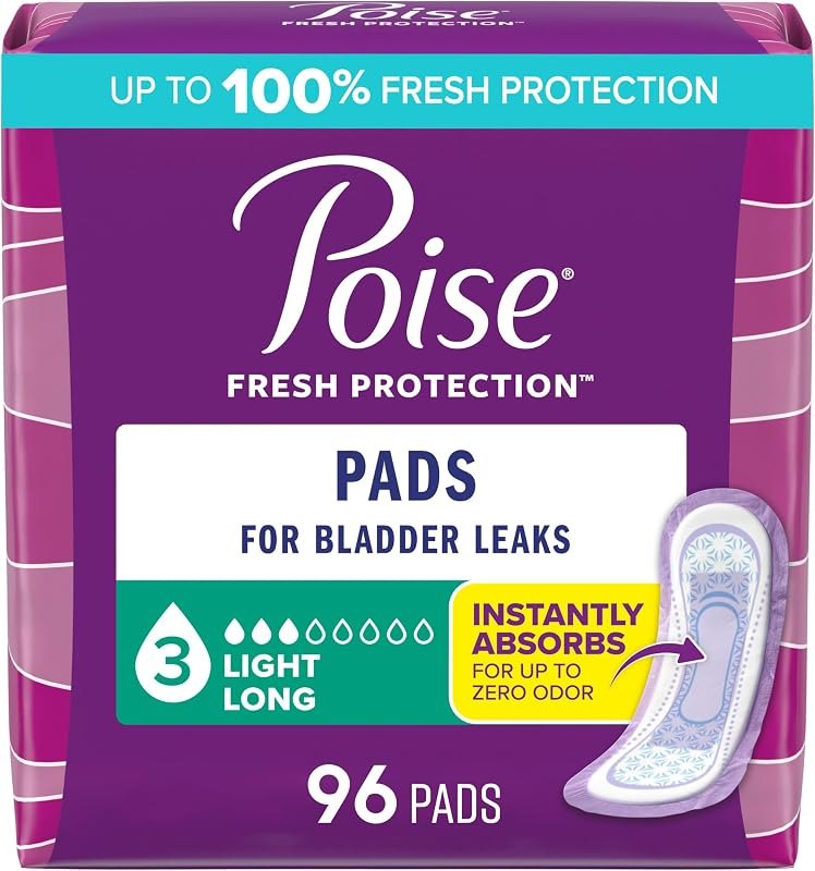 Poise Incontinence Pads for Women, 3 Drop, Long, 96 ct — Adult Bladder Control Pads amp; Line for adult bladder