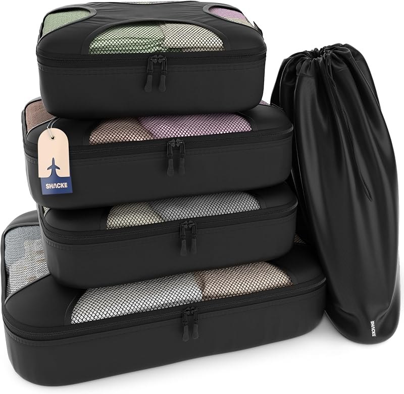 5 Set Packing Cubes for Travel with Laundry Bag (Pure Black) — travel Packing cubes for travel packing cubes
