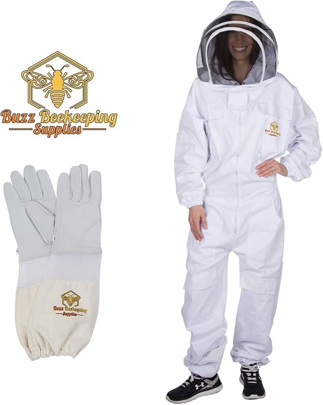Professional Beekeeping Suit Goatskin Gloves (1 pair) and Bee Stickers Self-Supporting Fencing Veil and YKK Metal