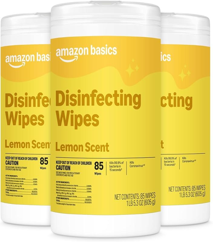 Amazon Basics Disinfecting Wipes, Lemon Scent, for Sanitizing, Cleaning & Deodorizing, 255 Count (3 Packs of 85)