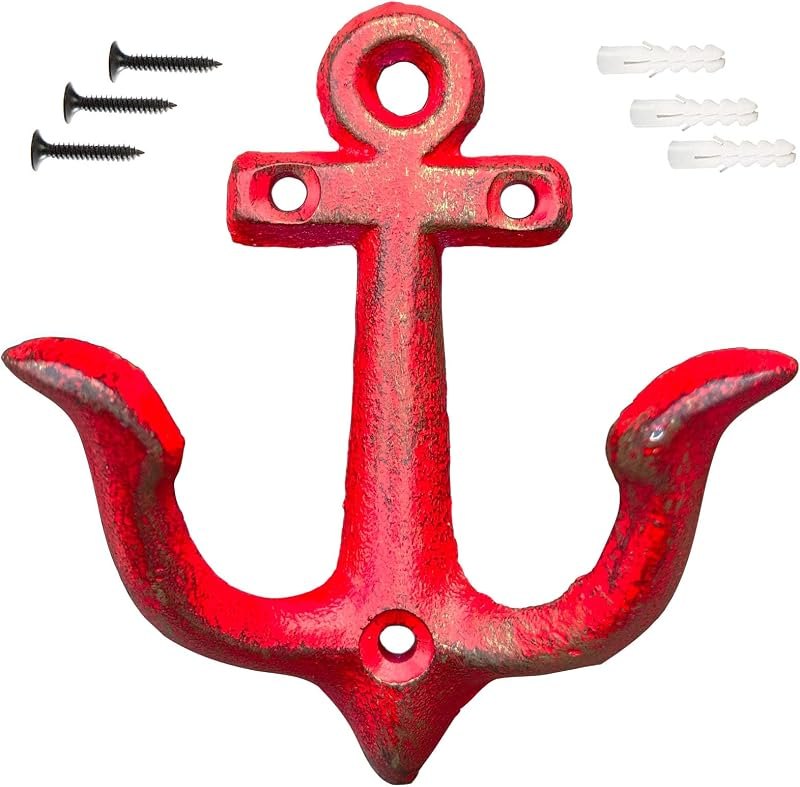 KiaoTime RED Vintage Rustic Cast Iron Nautical Anchor Design Wall Hooks Coat Hooks Rack, Decorative Wall Mounted