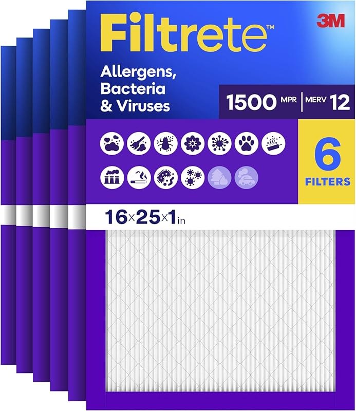 Filtrete 16x25x1 Air Filter, MERV 12, MPR 1500, Allergens, Bacteria & Viruses, 3-Month AC and Furnace Filters, Cleaner