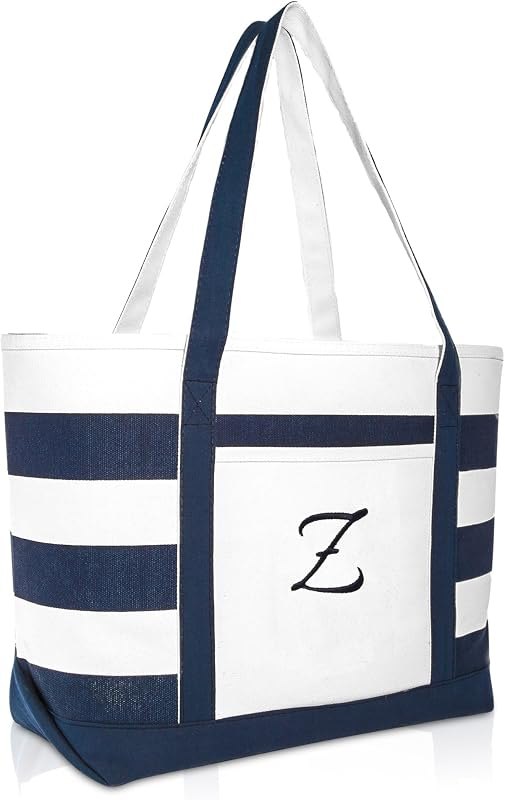 Premium Beach Bags Striped Navy Blue Zippered Tote Bag Monogrammed A - Z — Classy Purses, Handbags and Luggage for