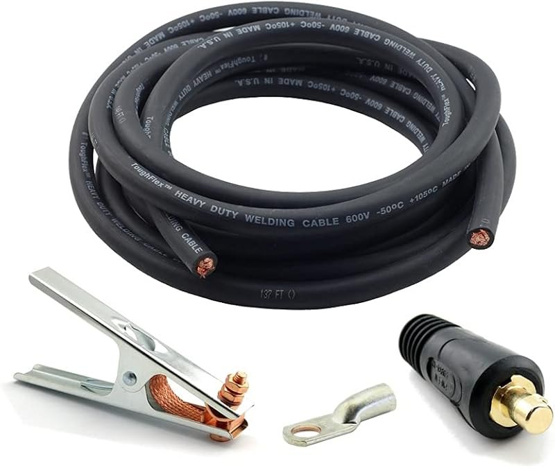 WeldingCity 25-ft 2-AWG USA-made Heavy Duty Welding Cable with Work Clamp and Dinse-type Twistlock Connector Plug for