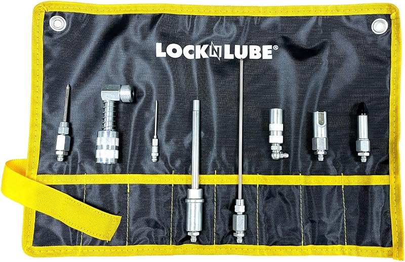 LockNLube 8-Piece Quick-Connect Greasing Accessory Kit For Hard-To-Reach Grease Fittings — Locks, mounts, and chain