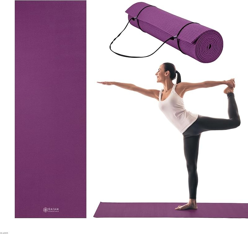 Gaiam Essentials 1/4" Thin (6mm) Yoga & Pilates, Fitness & Exercise Mat with Easy-Cinch Carrier Strap Cusion Support