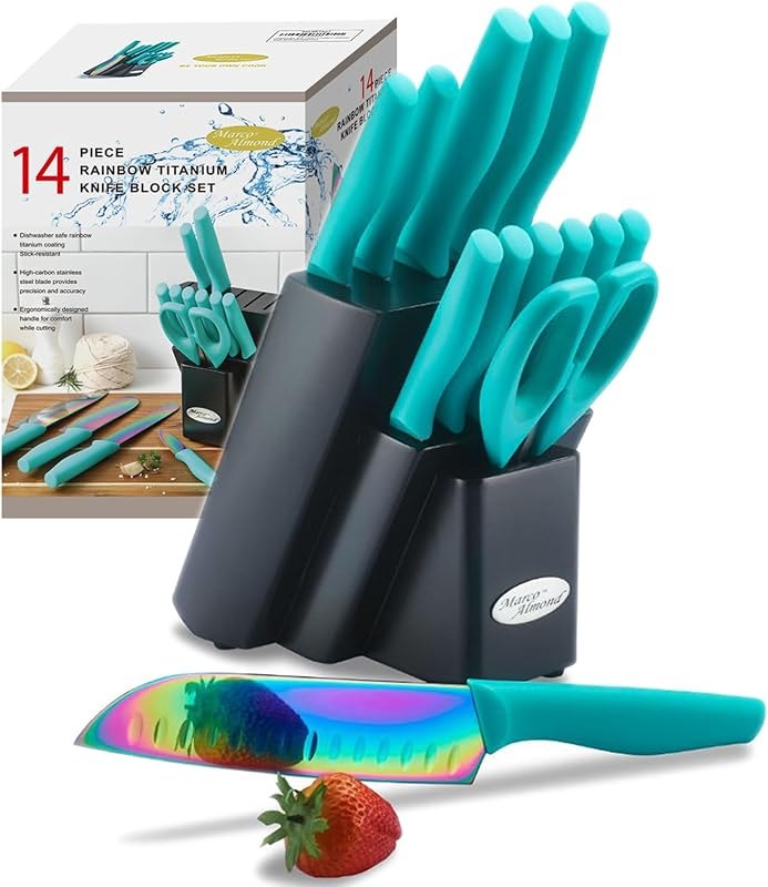 Marco Almond Knife Block Set 14PC Rainbow Kitchen Knives Set