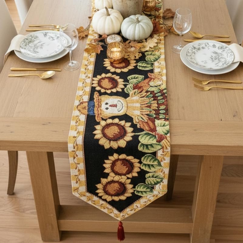 Tache 13x90 Fall Sunflower Scarecrow Thanksgiving Tapestry Table Runner — best fall table runner for fall table runner