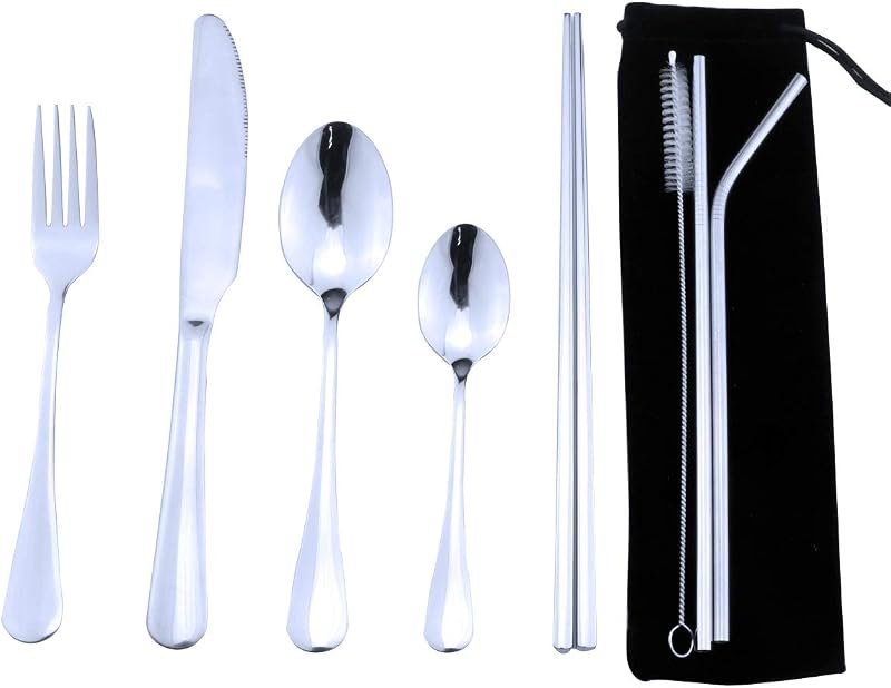 Silver Reusable Utensils with Case, Healthy & Eco-Friendly 8 Pieces Portable Stainless Steel Flatware Tableware