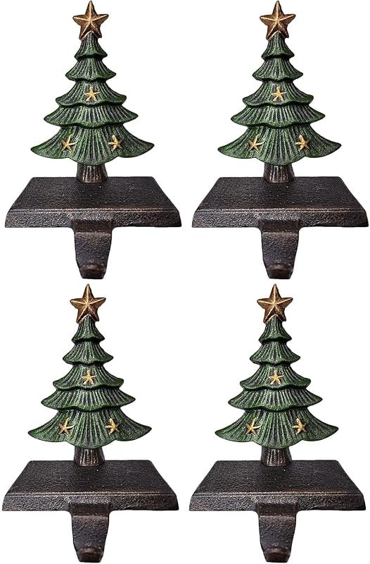 Lulu Decor Christmas Tree Topped with Gold Star Stocking Holders for Mantle, Sturdy Tree Hooks Hangers for Holiday
