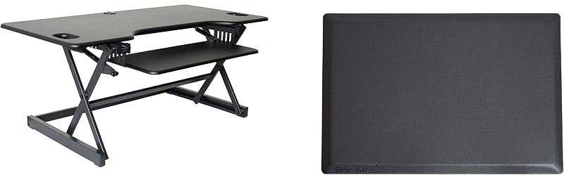 Rocelco 46" Large Height Adjustable Standing Desk Converter with Anti Fatigue Mat BUNDLE - Quick Sit Stand Up Triple