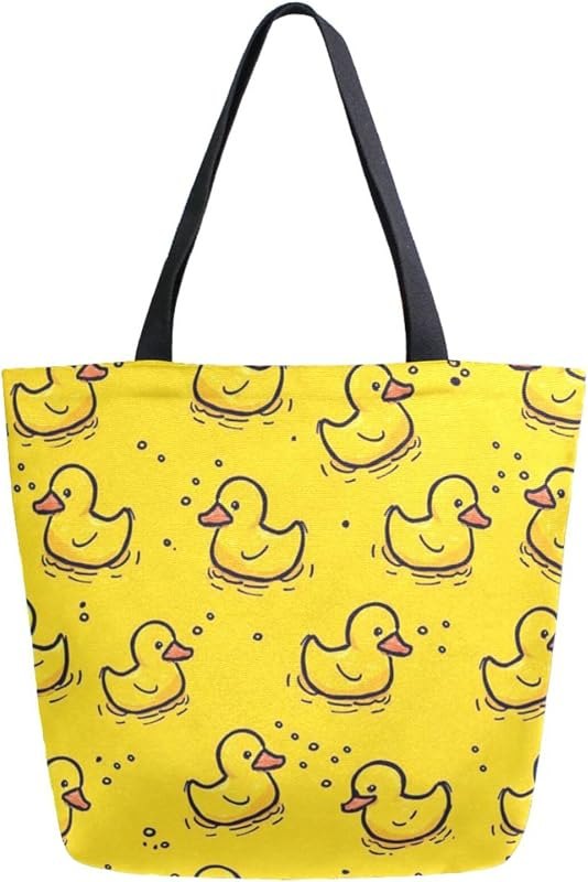 Chic Cute Rubber Yellow Ducky Pattern Extra Large Canvas Market Beach Travel Reusable Grocery Shopping Tote Bag