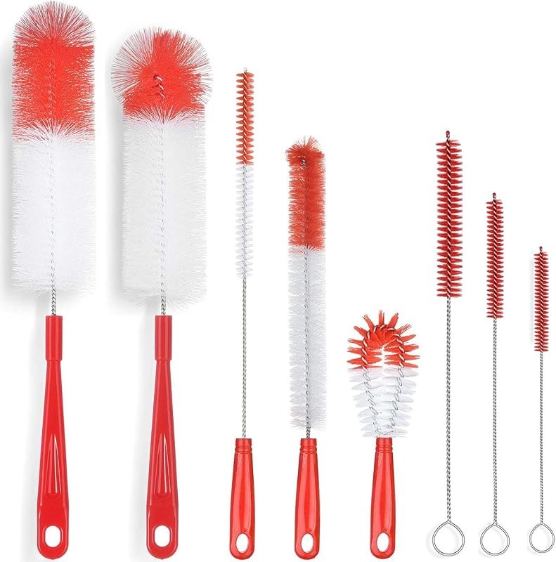 ALINK 8-Pack Red Bottle Brush Cleaner Set - Long Cleaning Brush for Narrow Neck Wine/Beer Bottles, Thermos