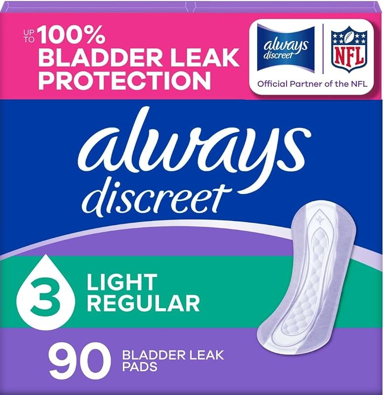 Always Discreet Adult Incontinence Pads for Women, Drier, 3 Drop Regular Length, Light Absorbency, Pads for Bladder