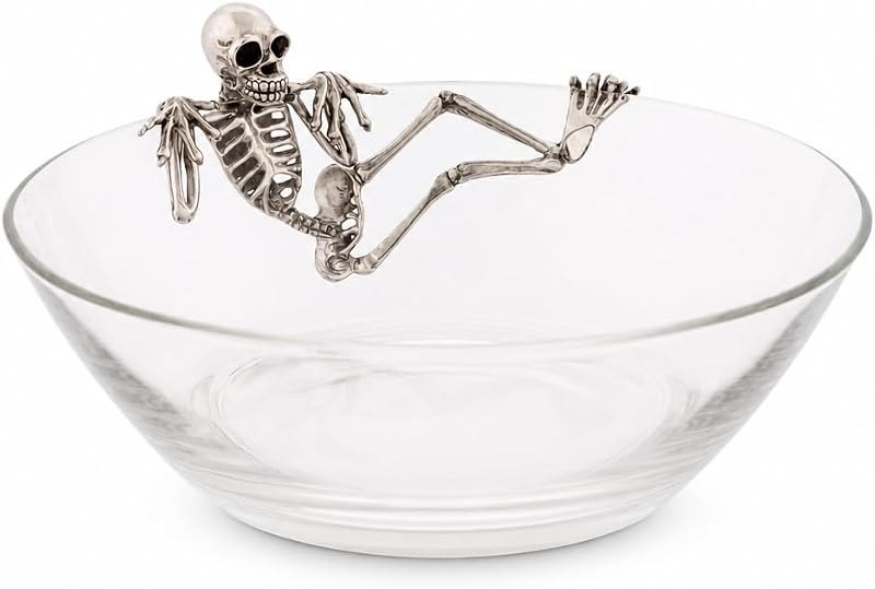 Vagabond House Skeleton Candy Dish Bowl - Day of the Dead & Halloween Decor - Handblown Glass with Pewter Skeleton -