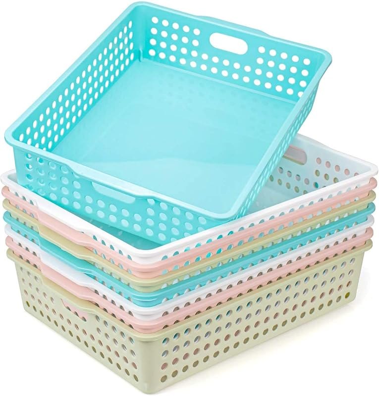Lawei 8 Pack Plastic Storage Baskets - Colorful Paper Organizer Baskets Plastic Shelf Bins with Handles, Classroom