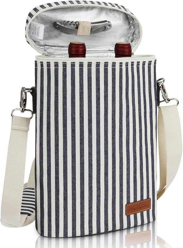 2 Bottle Wine Tote Carrier, Dark Blue, 750 mL Capacity, Polyester Material, With Shoulder Strap and Corkscrew — wine