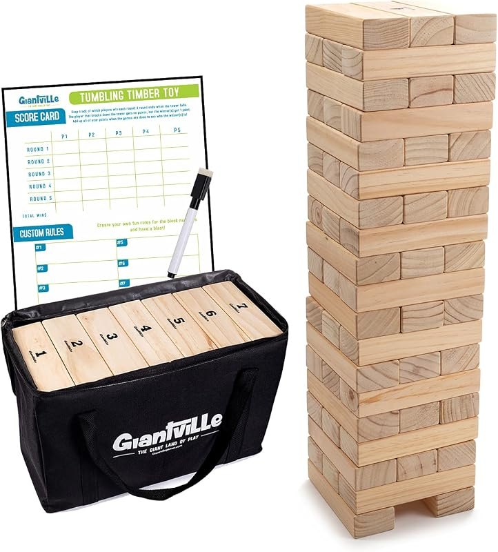 Giant Tumbling Timber Toy - Jumbo JR. Wooden Blocks Floor Game for Kids and Adults, 56 Pieces, Premium Pine Wood