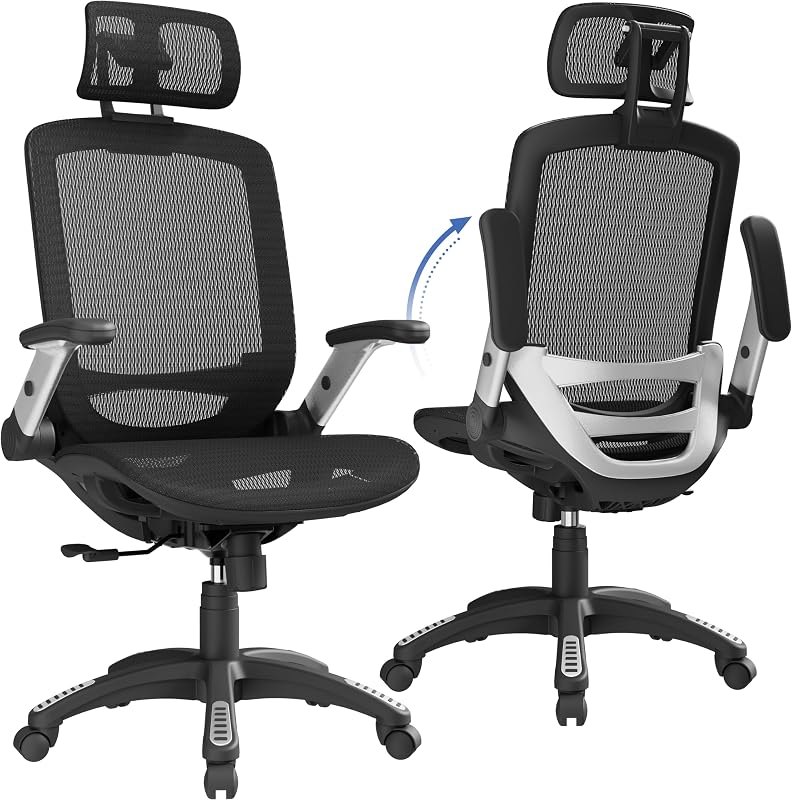 GABRYLLY Ergonomic Office Chair, High Back Home Desk Chair with Headrest, Flip-Up Arms, 90-120° Tilt Lock and Wide