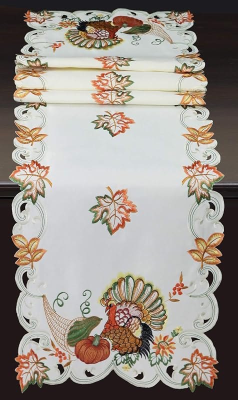 Creative Linens Fall Harvest Thanksgiving Table Runner 15x68, Embroidered Turkey Pumpkin Maple Leaf Sunflower Dresser
