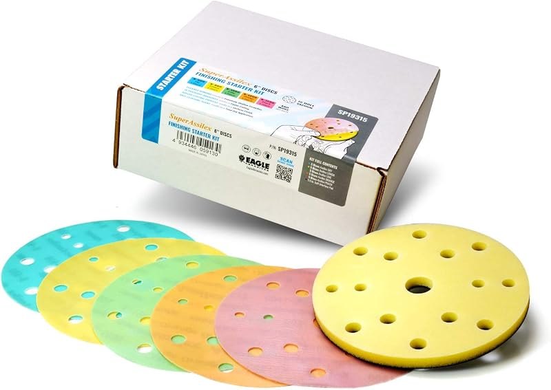 Super Assilex Flexible Sanding Disc Starter Kit, 15 Holes, SP19315, K600 - K1500, 25 Discs + 1 Micro-Hook Interface