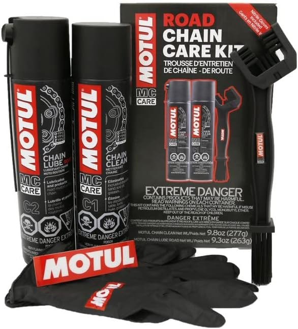 Motul C1 Chain Cleaner and C2 Motorcycle Chain Lube Kit with Brush, Gloves, and Sticker, Complete Road Motorcycle