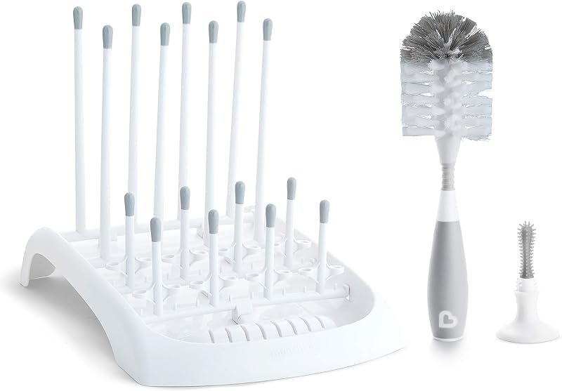 Munchkin Fold Baby Bottle Drying Rack and Bristle Bottle Brush Cleaning Essentials Set, White/Grey — bottle brush set