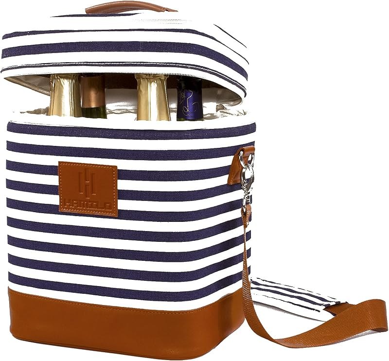 HAMILO 4 Bottle Wine Carrier, Expandable Insulated Wine Tote, Stripe — wine carry strap for wine carry strap