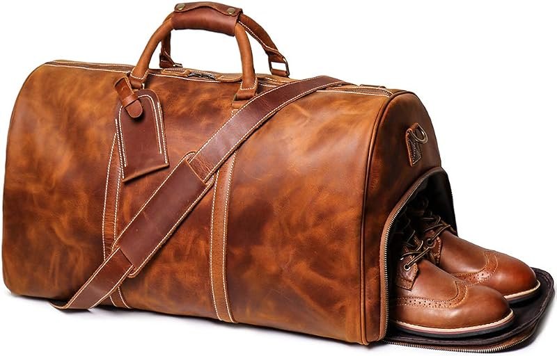 24 Inch Leather Travel Weekend Luggage Bag with Ykk Zipper Mens Duffle Retro Carry on Handbag (Brown) — Handbags and