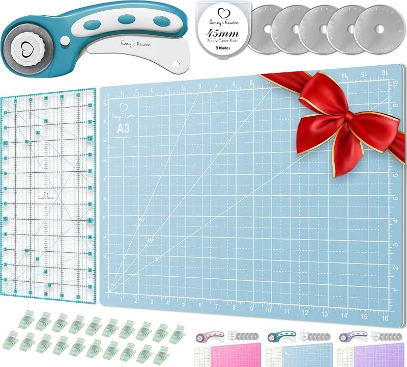Rotary Cutter Set turquoise - Quilting Kit incl. 45mm Fabric Cutter, 5 Replacement Blades, A3 Cutting Mat, Acrylic