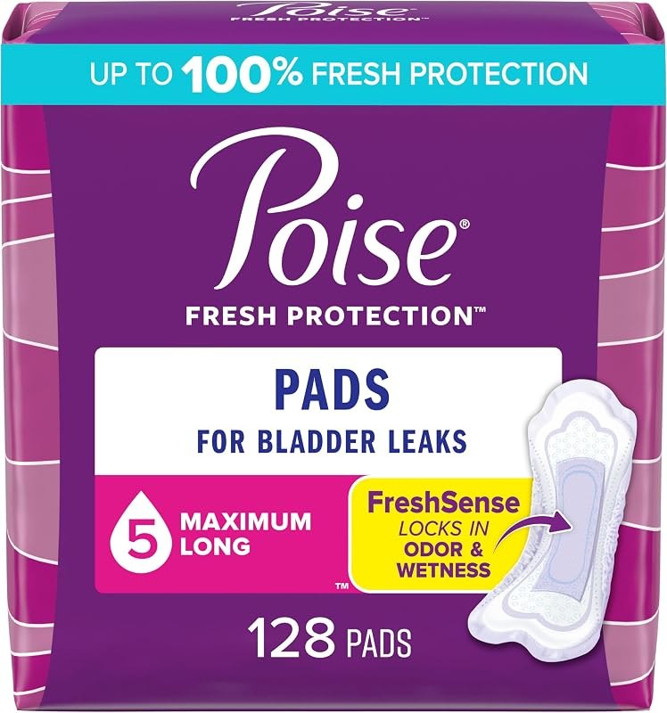 Poise Incontinence Pads & Postpartum Incontinence Pads, 5 Drop Maximum Absorbency, Long Length, 128 Count, Packaging