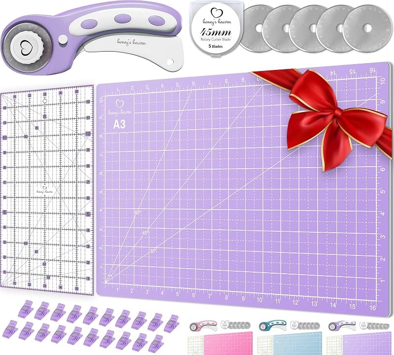 Rotary Cutter Set lavender - Quilting Kit incl. 45mm Fabric Cutter, 5 Replacement Blades, A3 Cutting Mat, Acrylic