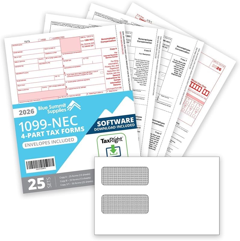 Blue Summit Supplies 1099 NEC 2026 Tax Kit, 25 Pk, TaxRight, Envelopes — Financial software applications and for