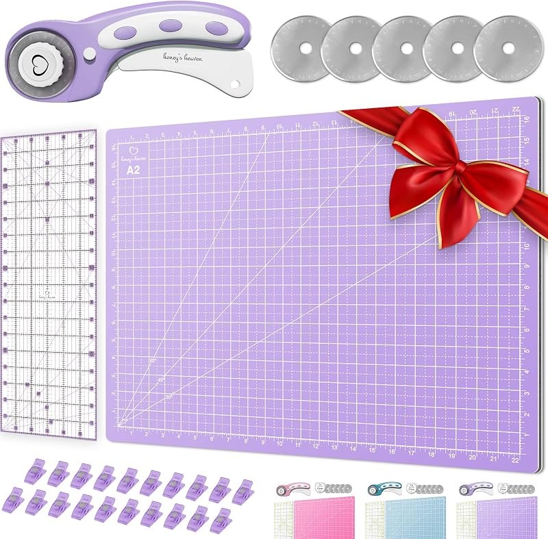 Rotary Cutter Set lavender - Quilting Kit incl. 45mm Rotary Cutter, 5 Replacement Blades, A2 Cutting Mat, Acrylic