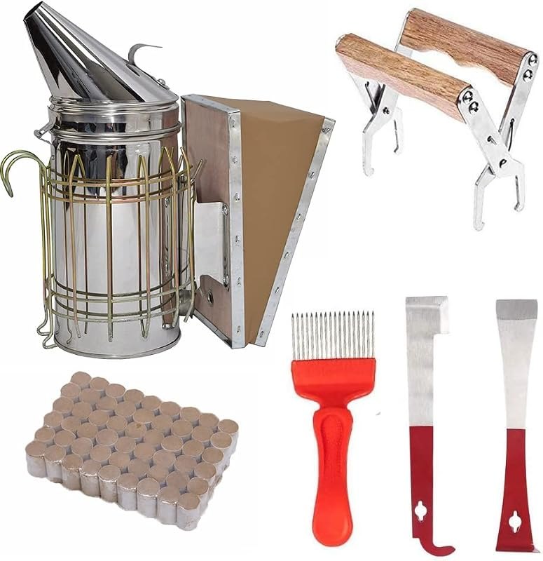 Honey Lake Bee Hive Tool Kit for Beekeeping with Bee Smoker, J Hook, L Hook, Frame Holder Grip, Uncapping Fork