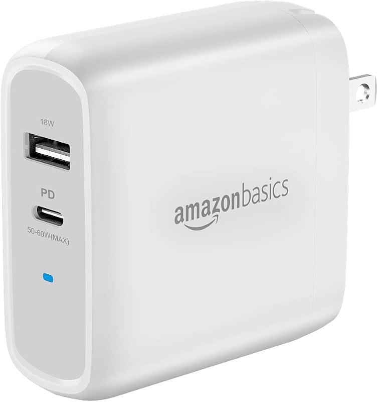 Amazon Basics 68W Two-Port GaN Wall Charger with 1 USB-C (60W) & 1 USB-A Ports (18W) with PD for Laptops, Tablets &