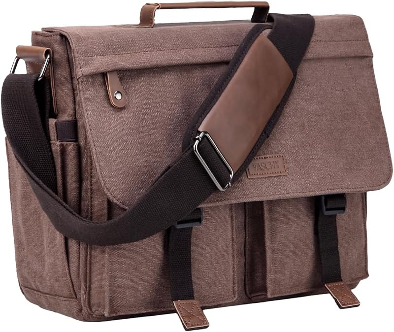 Messenger Bag for Men,VASCHY Vintage Water Resistant Canvas Satchel 14 15.6 17inch Laptop Briefcase — Classy Purses