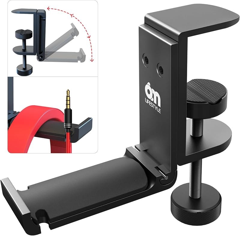 6amLifestyle Foldable All Aluminum Headphone Hook Holder for Desk, Under Desk Headphone Hanger Stand with Cable