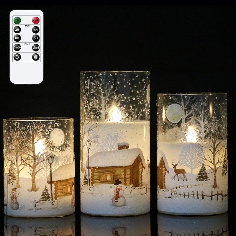 Snowman Glass Flameless Candles Battery Operated with Remote and Timer Real Wax LED Flickering Pillar Candles White