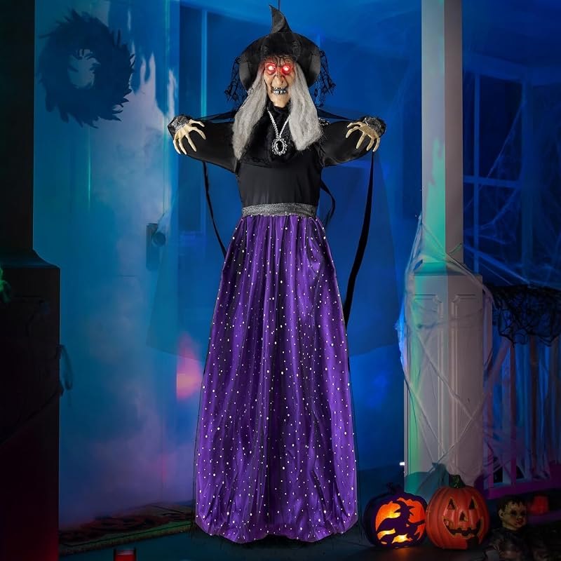 JOYIN 47” Animated Witch Halloween Decorations Outdoor Indoor, Scary Halloween Animatronics Decor, Hanging Ghost