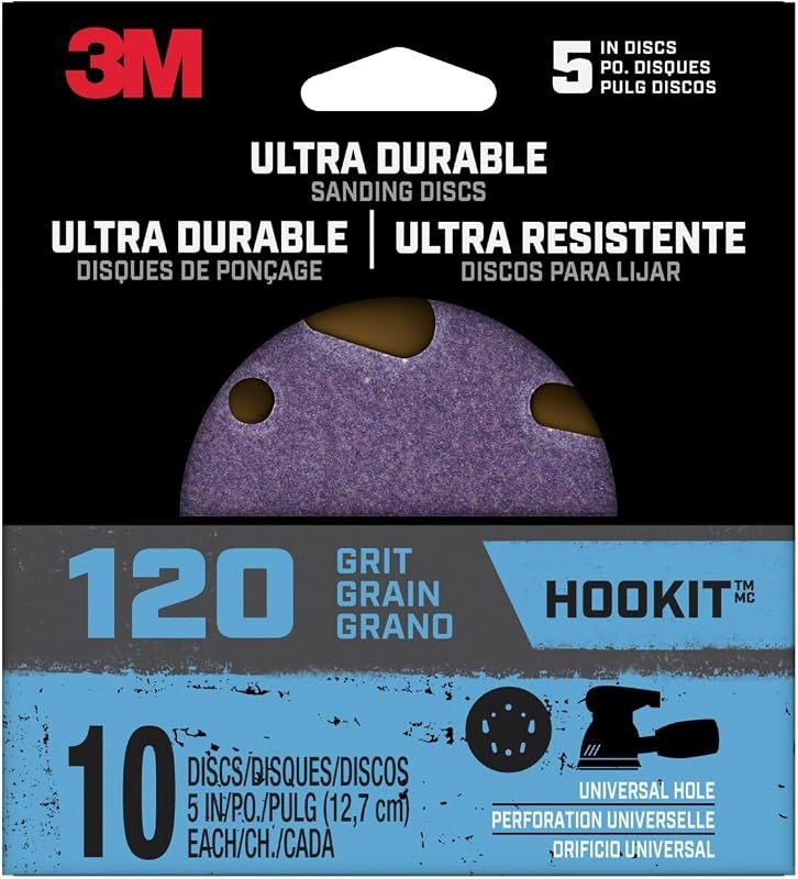 3M Ultra Durable 5 in Power Sanding Discs, Universal Hole, 120 Grit, 10/Pk — woodworking discs for woodworking discs