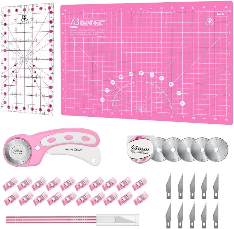 Headley Tools Rotary Cutter Set - 45mm Fabric Cutter, 5 Replacement Rotary Blades, A3 Cutting Mat, Quilting Ruler and