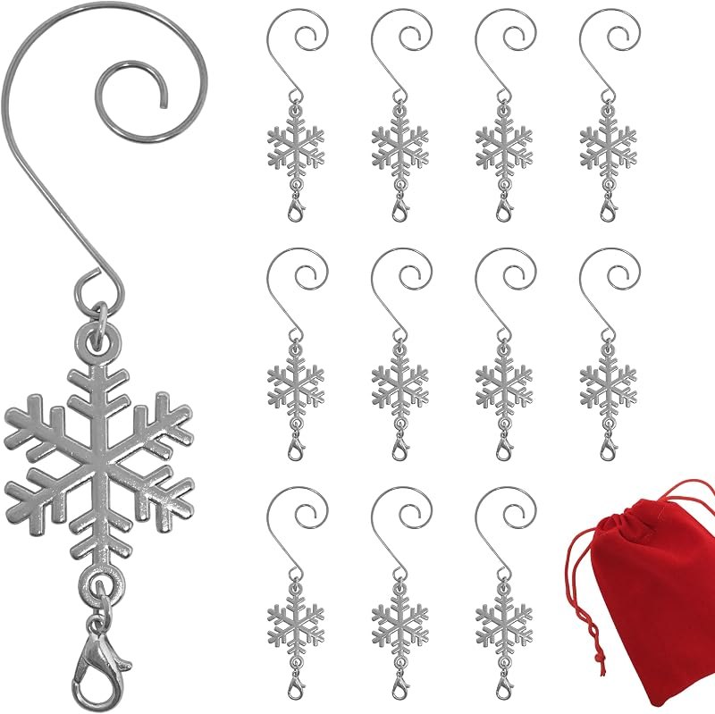 Snowflake Christmas Ornament Hooks Set of 12, Shiny Silver Christmas Tree Hangers with S-Hook and Lobster Claw, 3.5